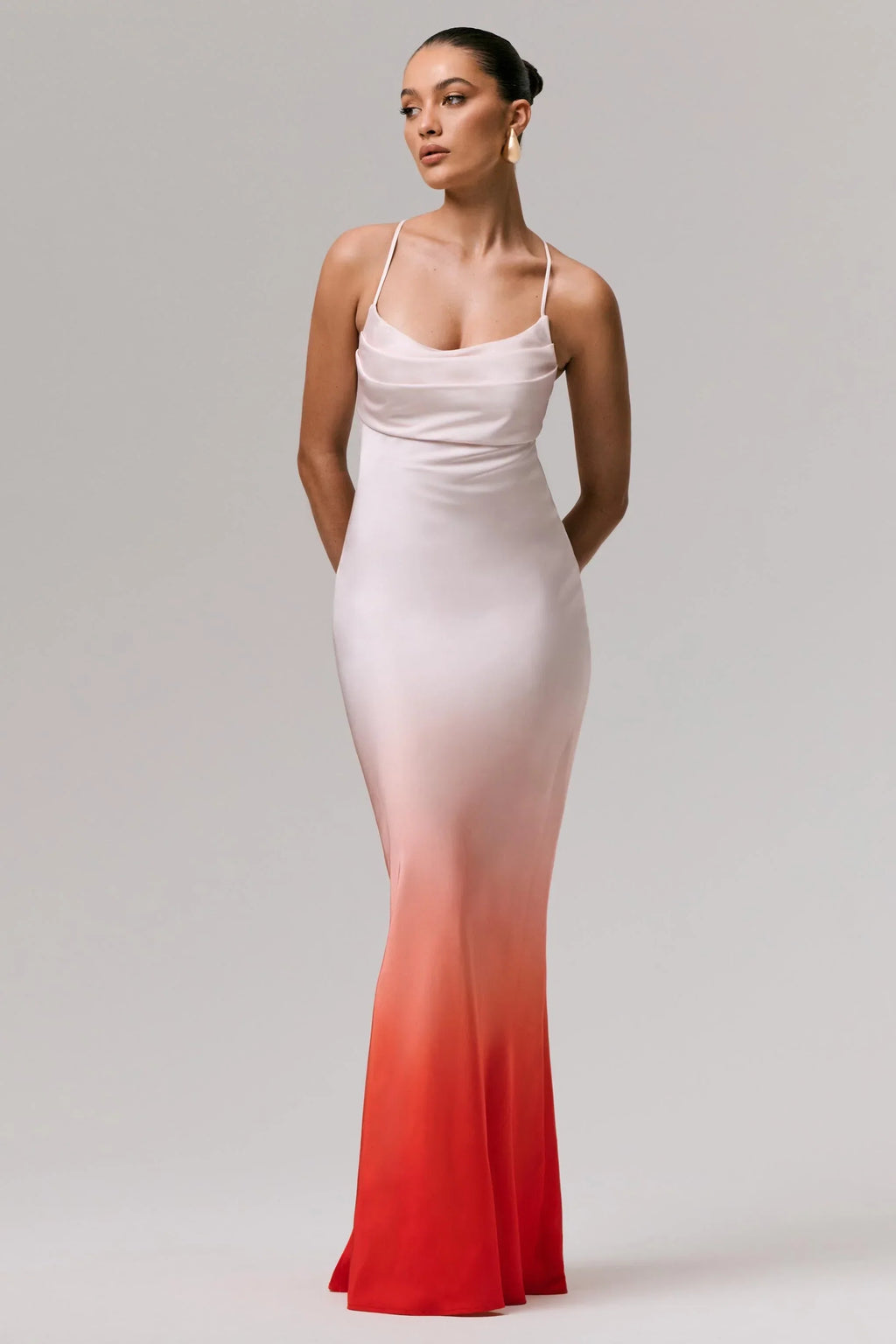 Lucie | Red Ombre Satin Cowl-Neck Maxi Dress