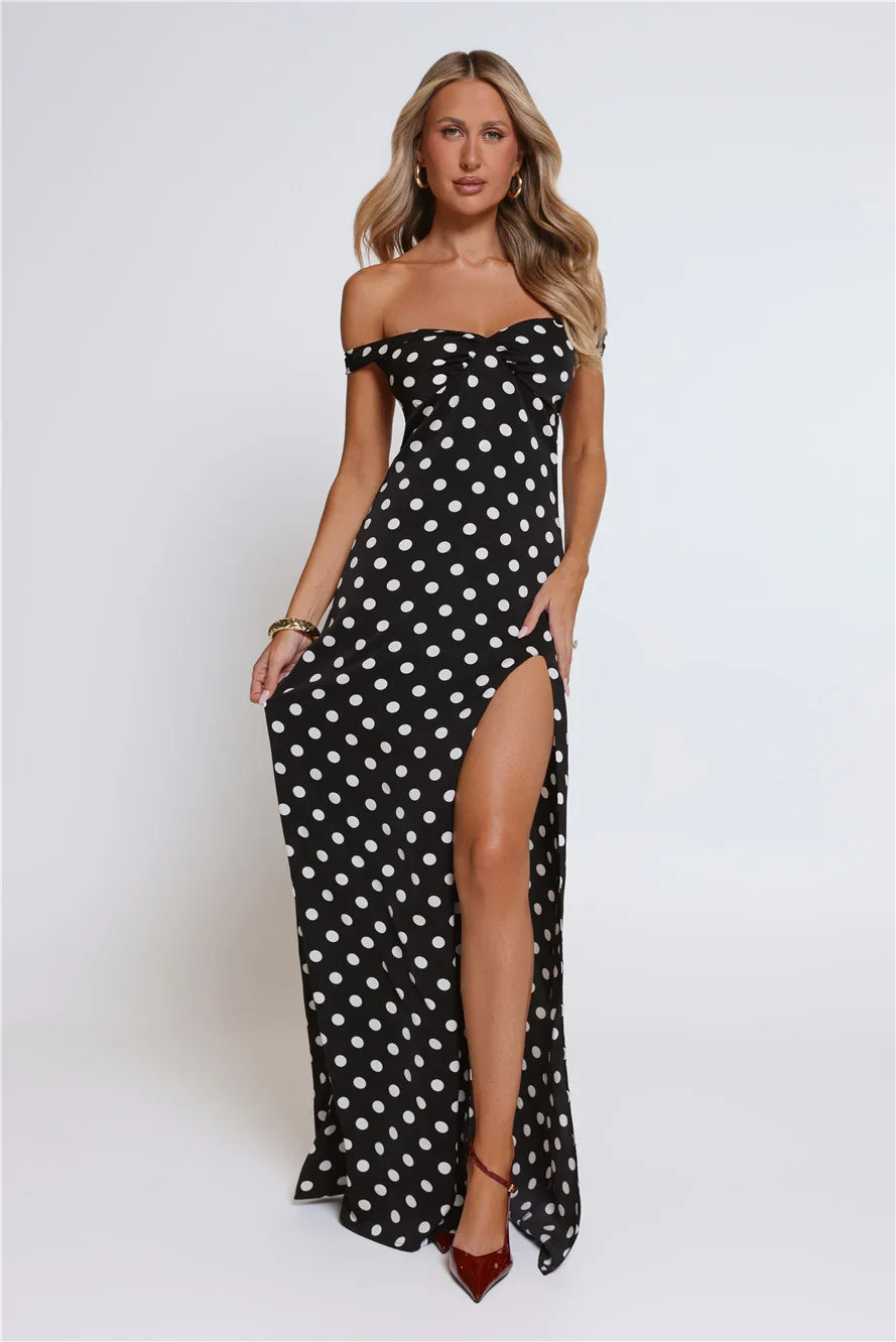 Trending Live Off Shoulder Polka Dot Maxi Dress Black
