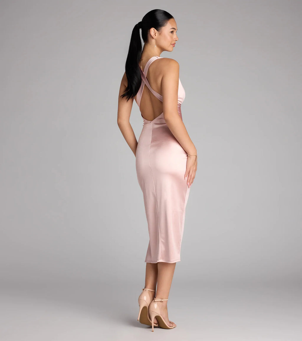 Abigail V-Neck Strappy Satin Midi Dress