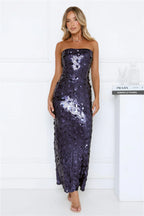Shimmer Shine Sequin Strapless Maxi Dress Navy