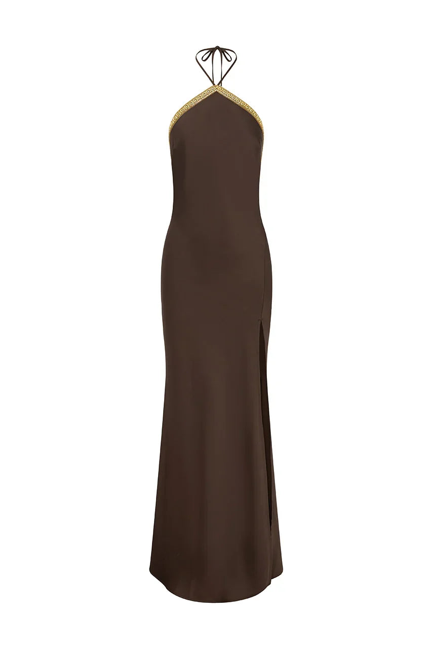 SHAE HALTER MAXI DRESS - BITTER CHOCOLATE