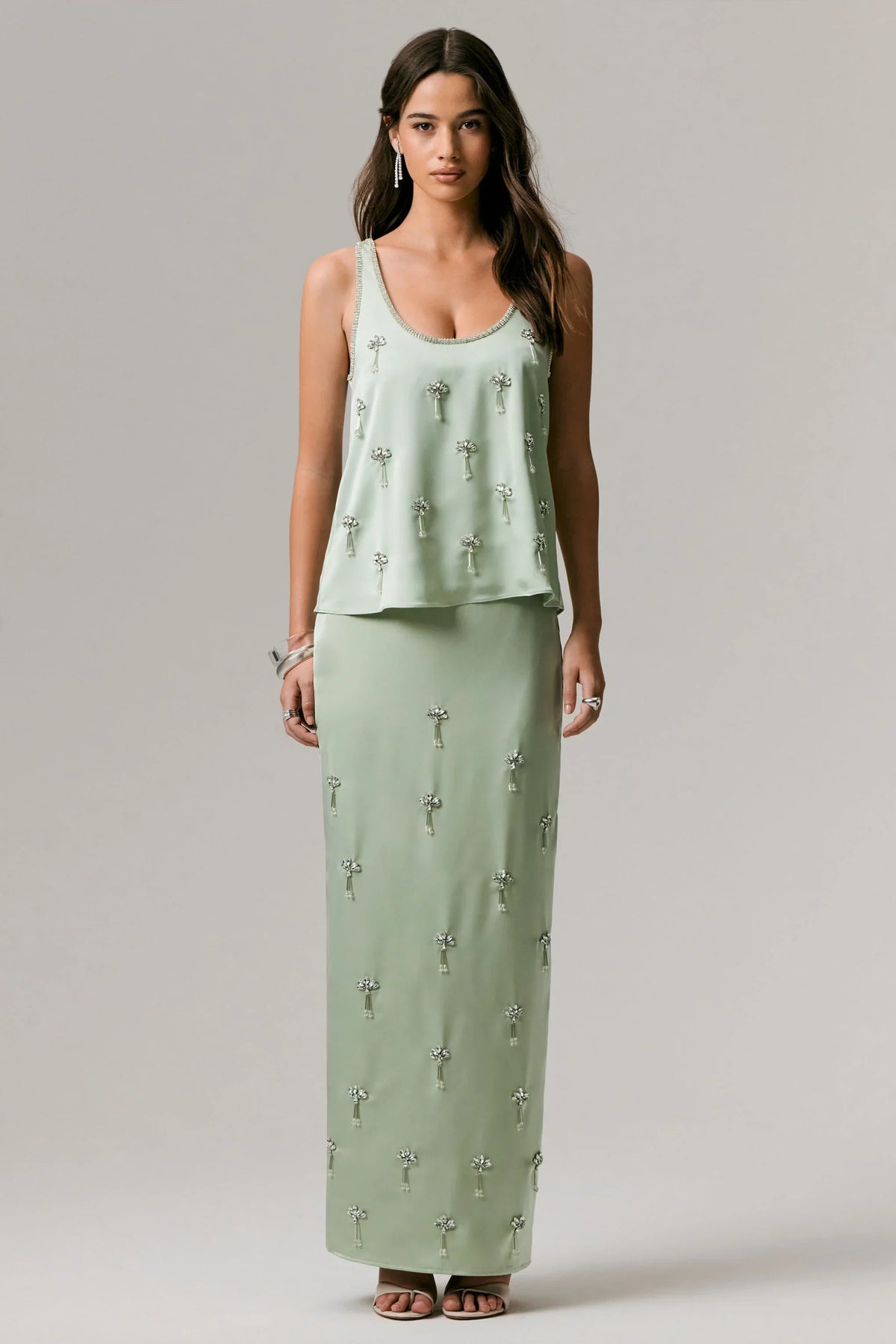 Lena | Mint Satin Embellished Maxi Skirt