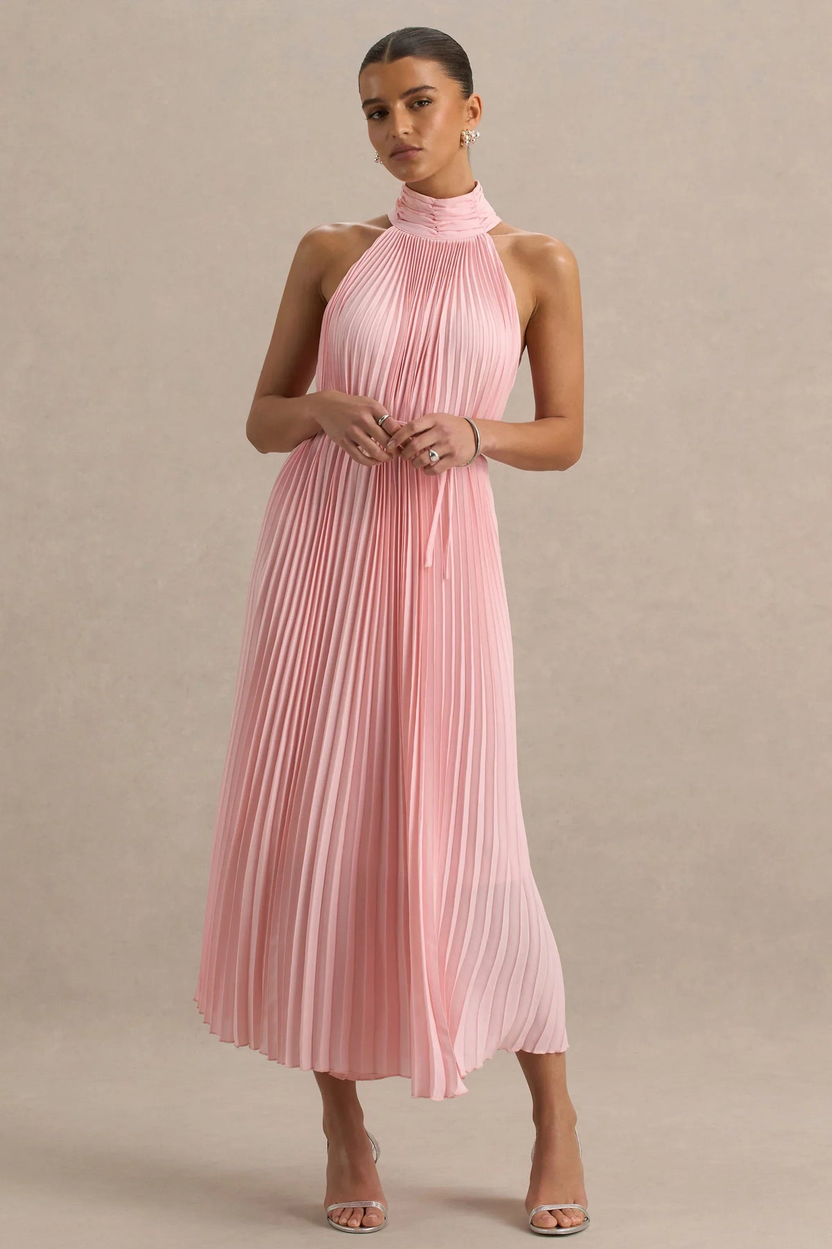 Tulip | Blush Pink Pleated High-Neck Midi Dress