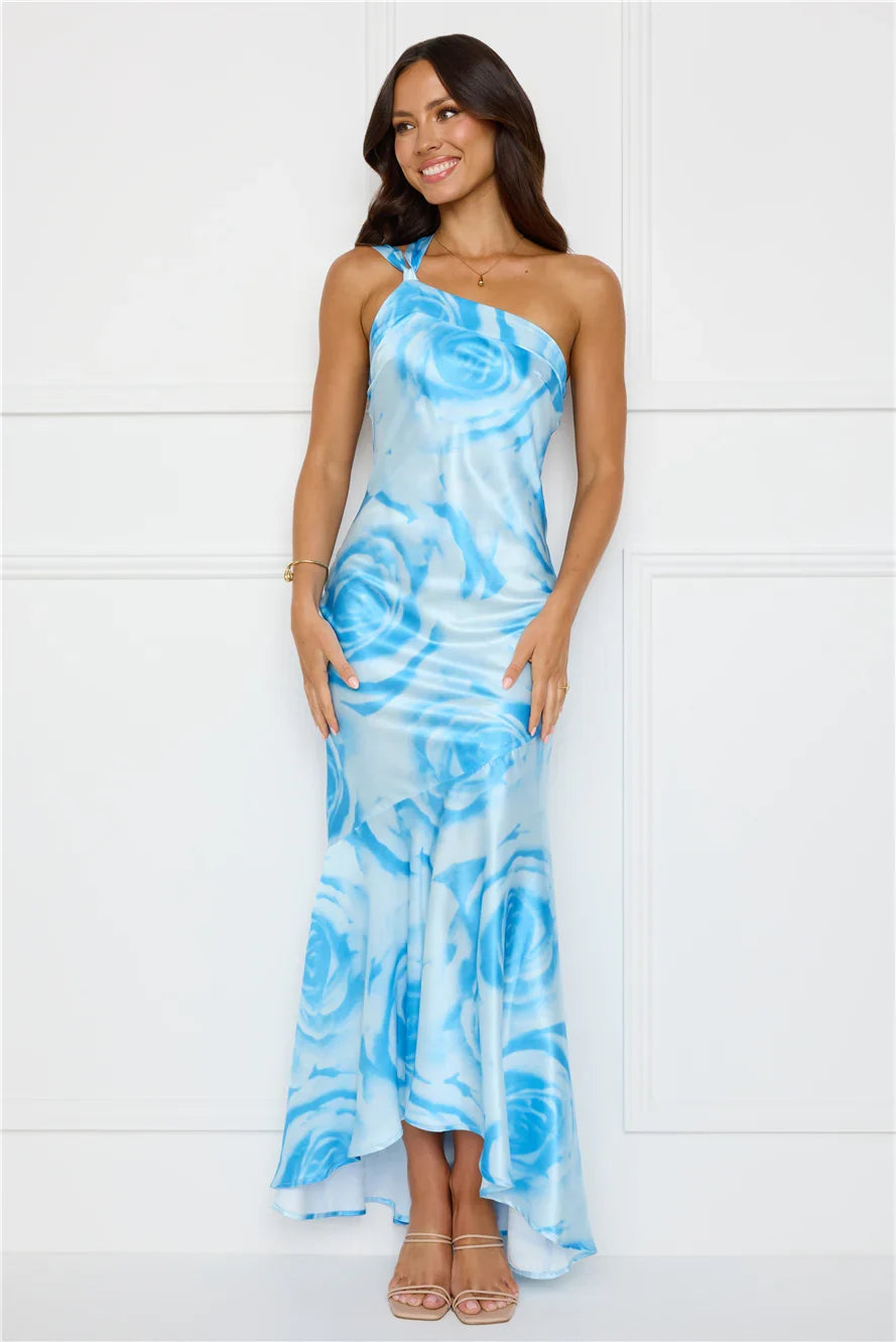 After Dark Allure One Shoulder Satin Maxi Dress Blue