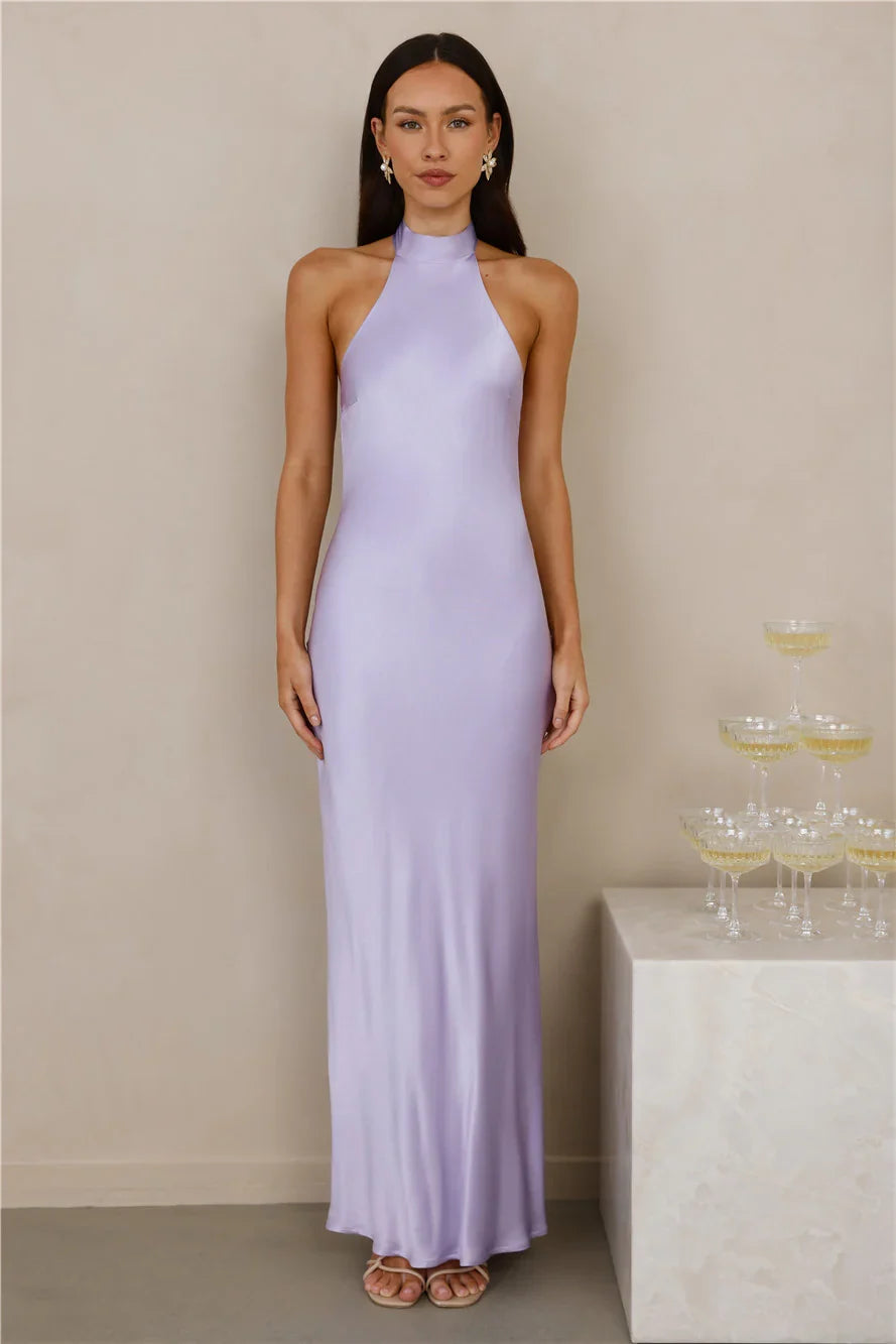 The Cleo Halter Satin Maxi Dress Lilac