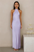 The Cleo Halter Satin Maxi Dress Lilac