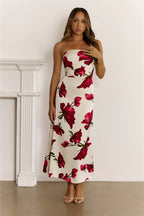 Floral Satin Strapless Folded Maxi Dress Red