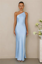 The Evangeline One Shoulder Satin Maxi Dress Blue