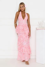 Tropical Bloom Halter Tiered Maxi Dress Pink