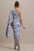 Clementina | Purple Lily Print Asymmetric Cape Sleeve Maxi Dress
