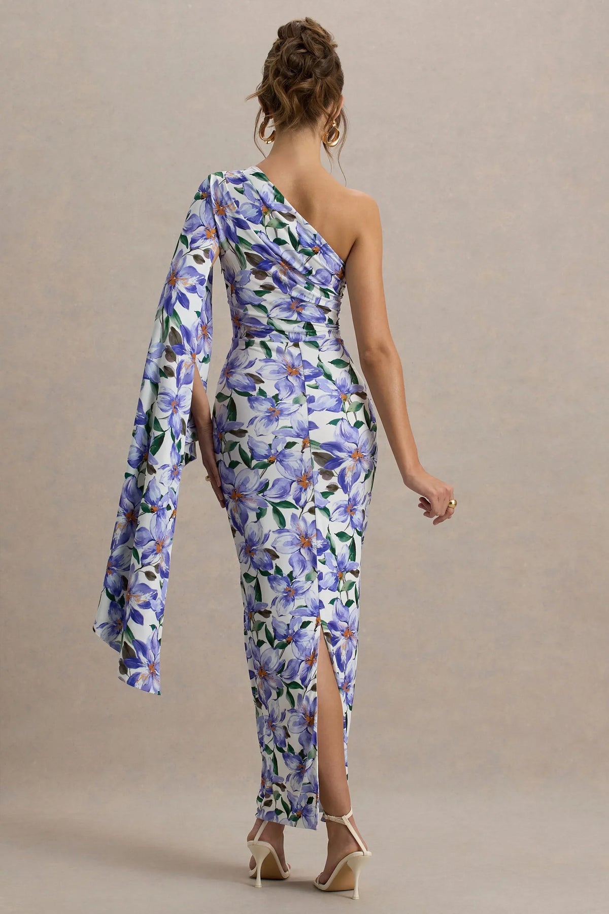 Clementina | Purple Lily Print Asymmetric Cape Sleeve Maxi Dress