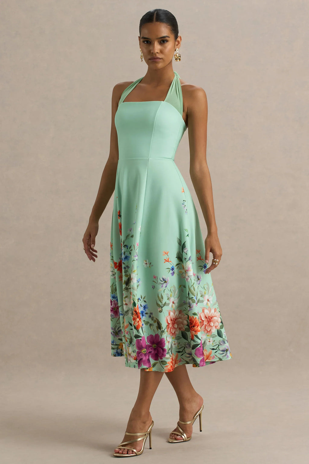 Auburn | Mint Placement Floral Halter-Neck Midi Dress