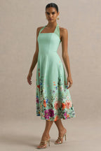 Auburn | Mint Placement Floral Halter-Neck Midi Dress