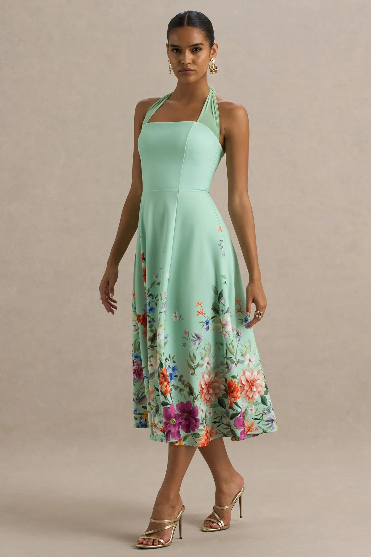 Auburn | Mint Placement Floral Halter-Neck Midi Dress