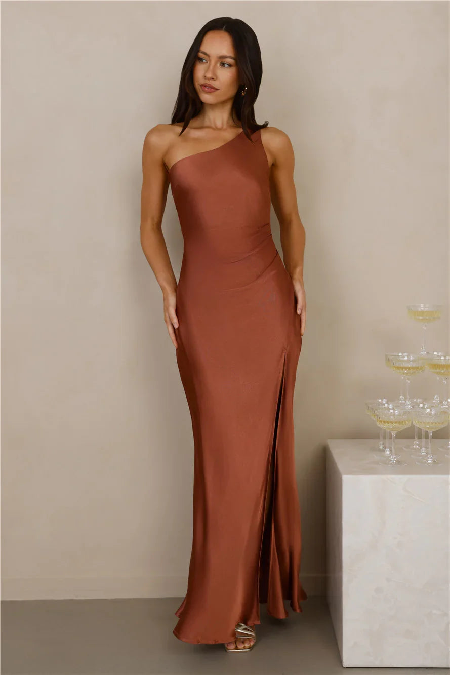 The Aurora One Shoulder Satin Maxi Dress Copper