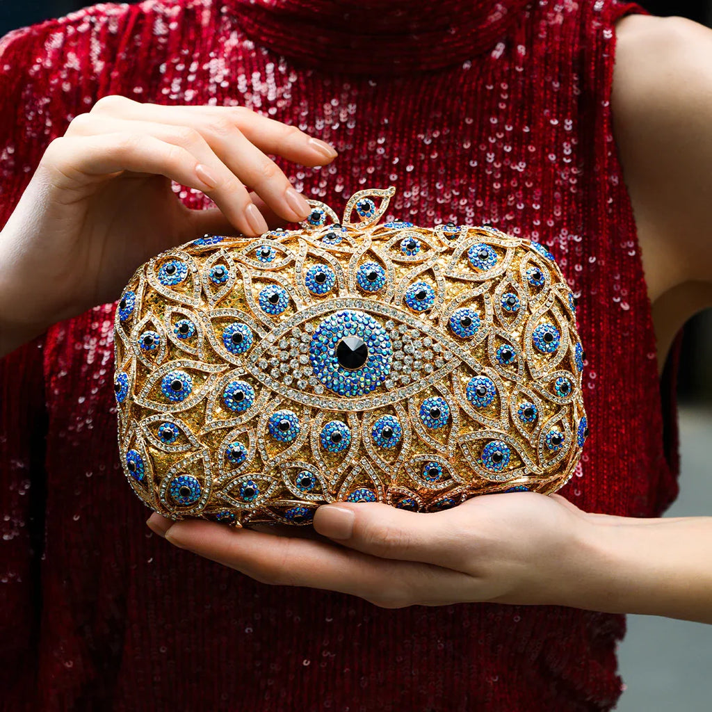 Vioraia Crystal Evil Eye Clutch Bag - Gold