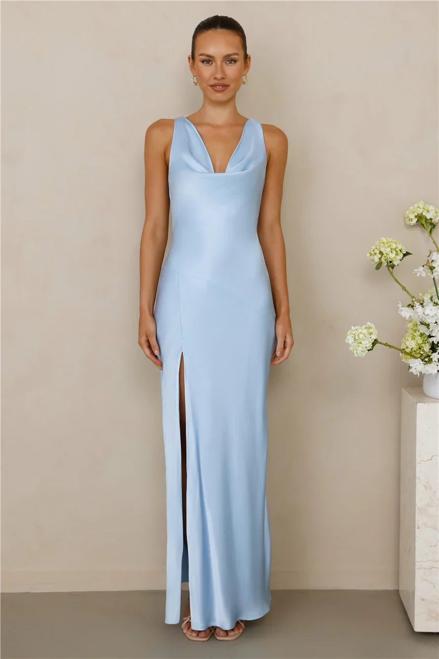 The Loretta Cowl Satin Maxi Dress Blue