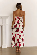 Floral Satin Strapless Folded Maxi Dress Red