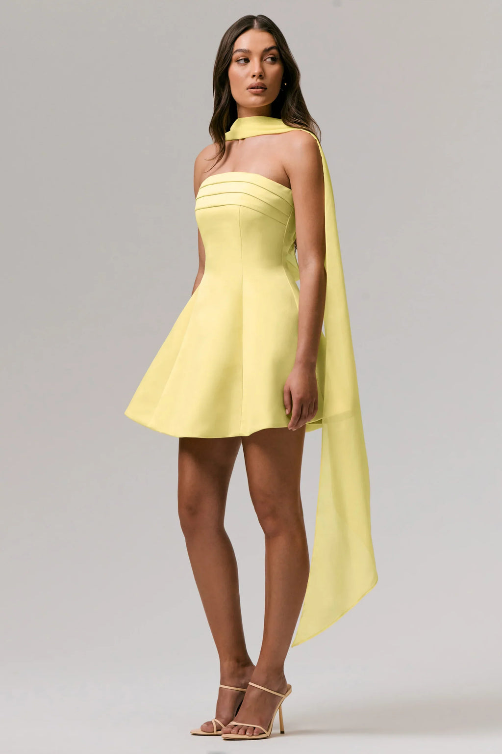 Love Me | Lemon Satin Skater Mini Dress With Chiffon Scarf
