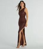 Yara One-Shoulder High Slit Glitter Mesh Formal Dress