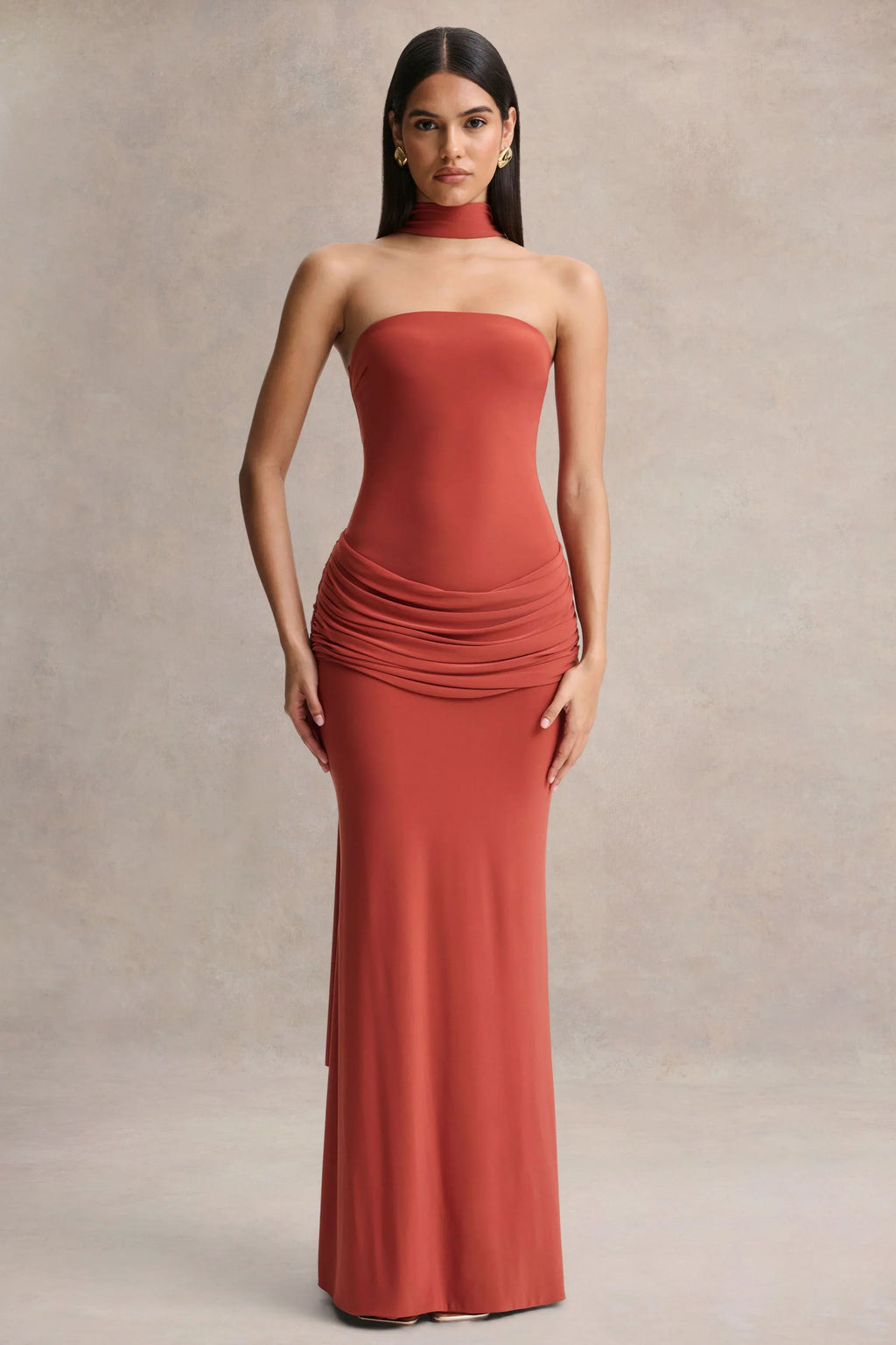 Graciella | Rust Bandeau Maxi Dress With Draped Detailing And Scarf