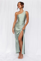 The Aurora One Shoulder Satin Maxi Dress Sage