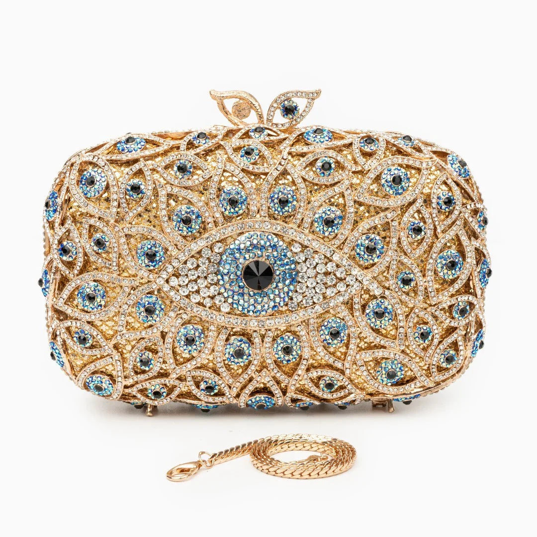 Vioraia Crystal Evil Eye Clutch Bag - Gold