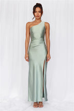 The Aurora One Shoulder Satin Maxi Dress Sage