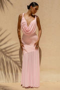 Meggie | Pink Plunge-Neck Twisted Maxi Dress With Chiffon Skirt