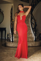 Wild Blossom Dance Strapless Satin Maxi Dress Red