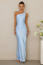 The Aurora One Shoulder Satin Maxi Dress Blue