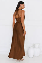 Ambiance Of The Night Halter Satin Maxi Dress Brown