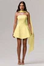 Love Me | Lemon Satin Skater Mini Dress With Chiffon Scarf