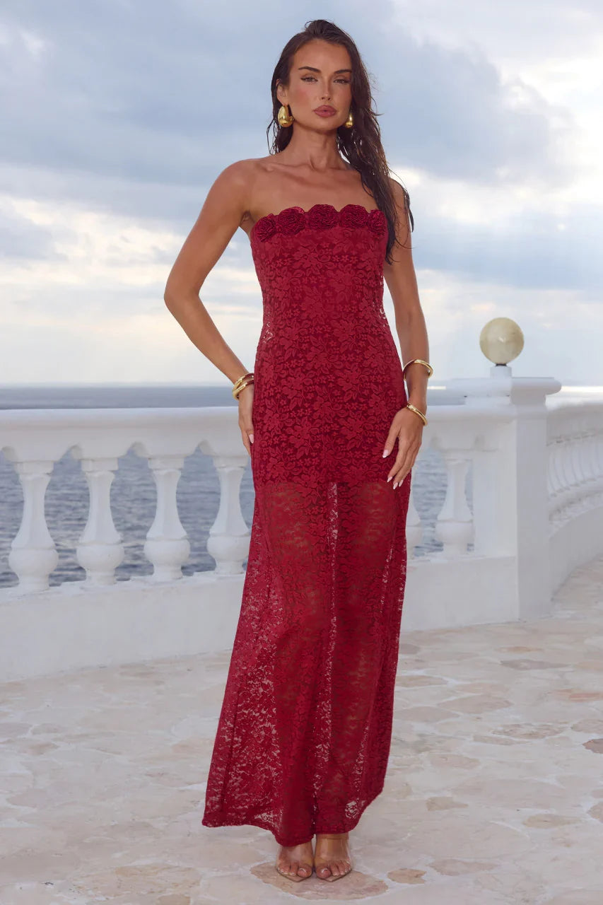 JESSICA FLORAL DETAIL MAXI DRESS - CHERRY