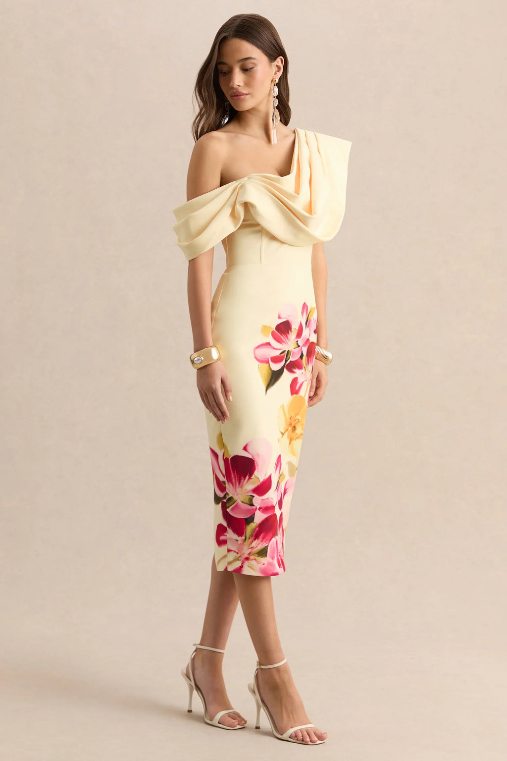Adrina | Hot Pink & Lemon Floral Print Draped One Shoulder Midi Dress