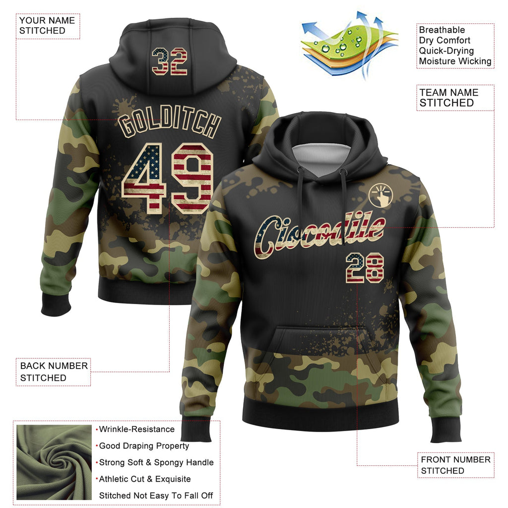 Custom Stitched Camo Vintage USA Flag Black-Cream Paint Splatter Salute To Service Pullover Sweatshirt Hoodie