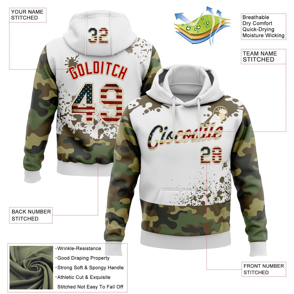 Custom Stitched Camo Vintage USA Flag White Cream-Red Paint Splatter Salute To Service Pullover Sweatshirt Hoodie