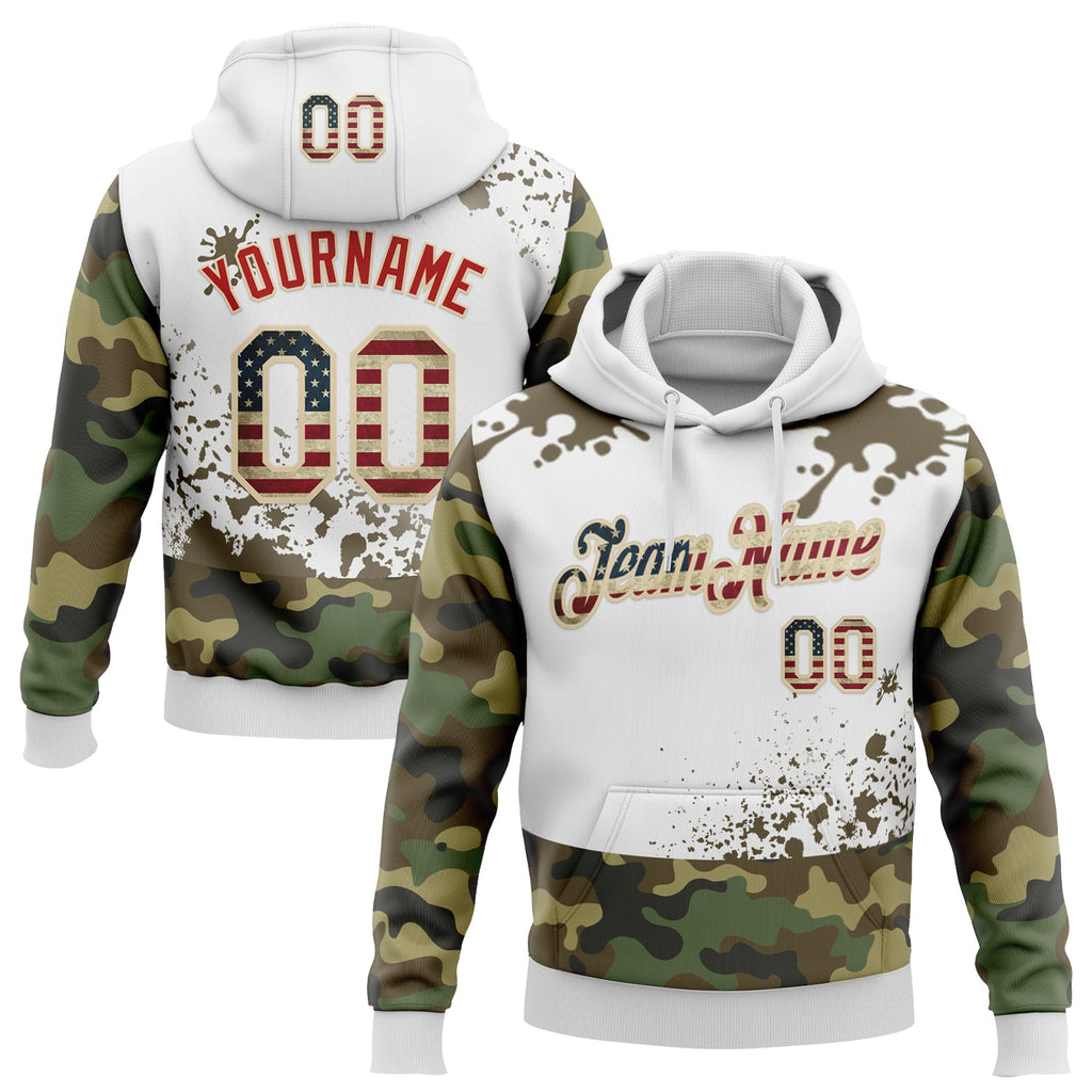 Custom Stitched Camo Vintage USA Flag White Cream-Red Paint Splatter Salute To Service Pullover Sweatshirt Hoodie