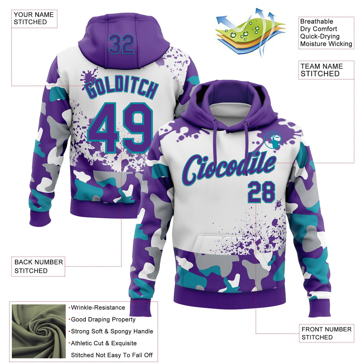 Custom Stitched Camo Purple White-Teal Paint Splatter Salute To Service Pullover Sweatshirt Hoodie