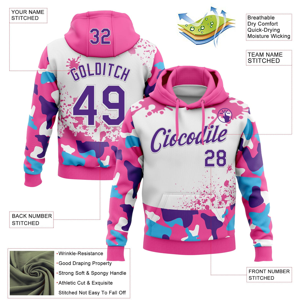Custom Stitched Camo Purple Pink-White Paint Splatter Salute To Service Pullover Sweatshirt Hoodie