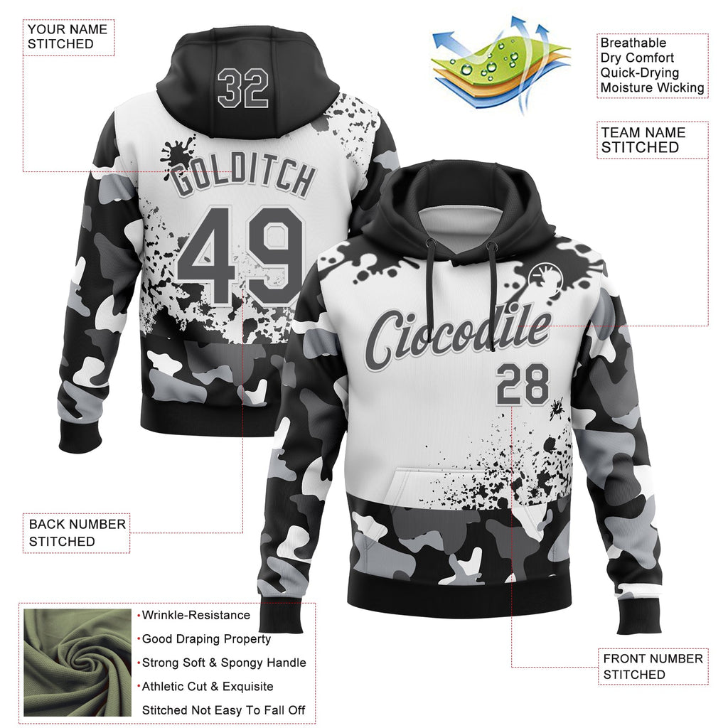 Custom Stitched Camo Steel Gray Black-White Paint Splatter Salute To Service Pullover Sweatshirt Hoodie