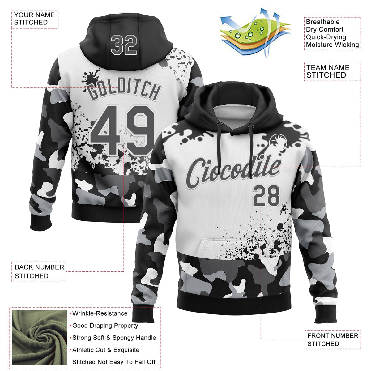 Custom Stitched Camo Steel Gray Black-White Paint Splatter Salute To Service Pullover Sweatshirt Hoodie
