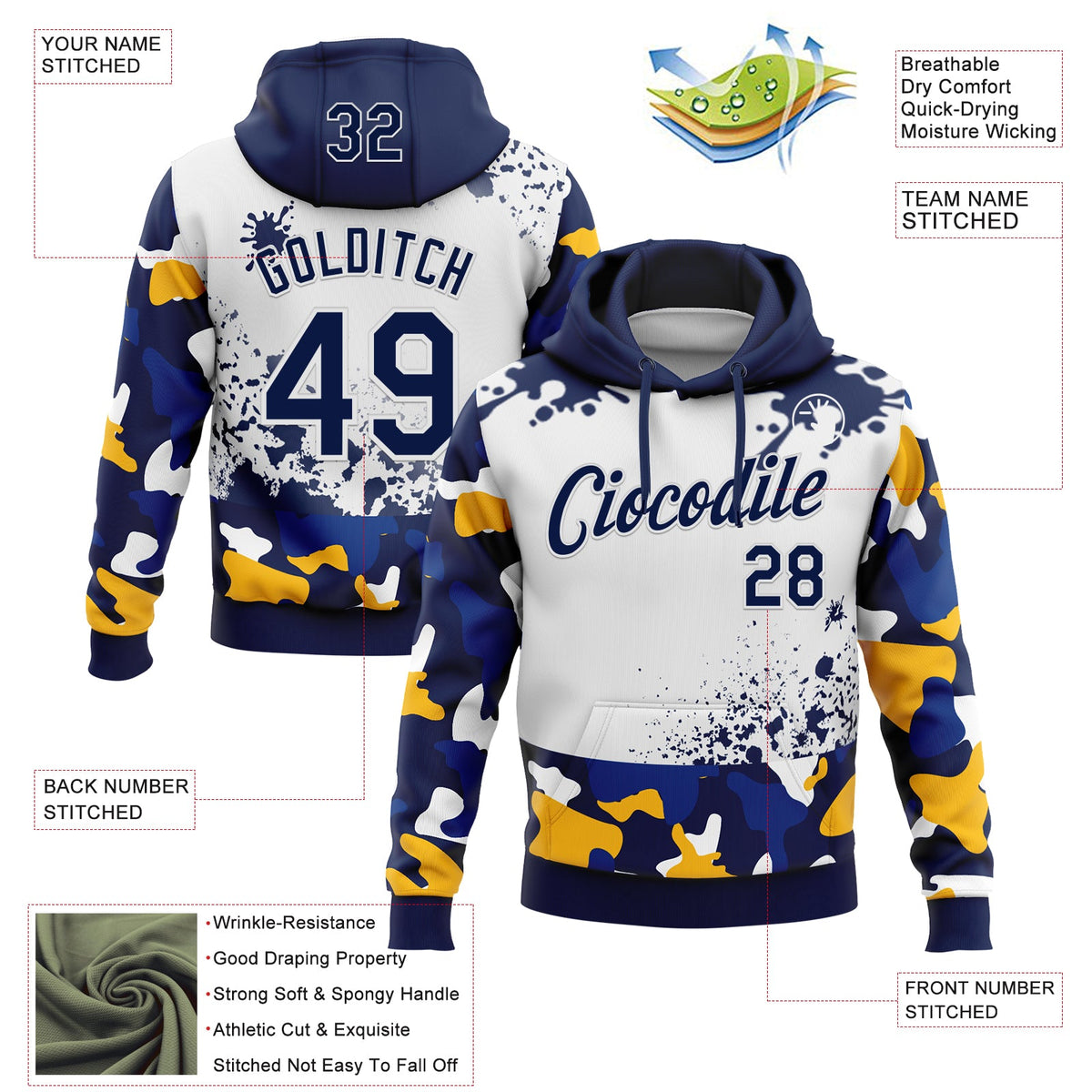 Custom Stitched Camo Navy-White Paint Splatter Salute To Service Pullover Sweatshirt Hoodie
