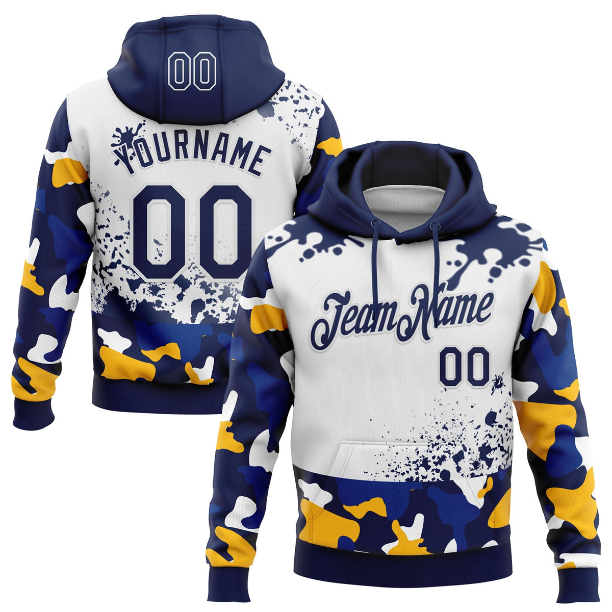 Custom Stitched Camo Navy-White Paint Splatter Salute To Service Pullover Sweatshirt Hoodie