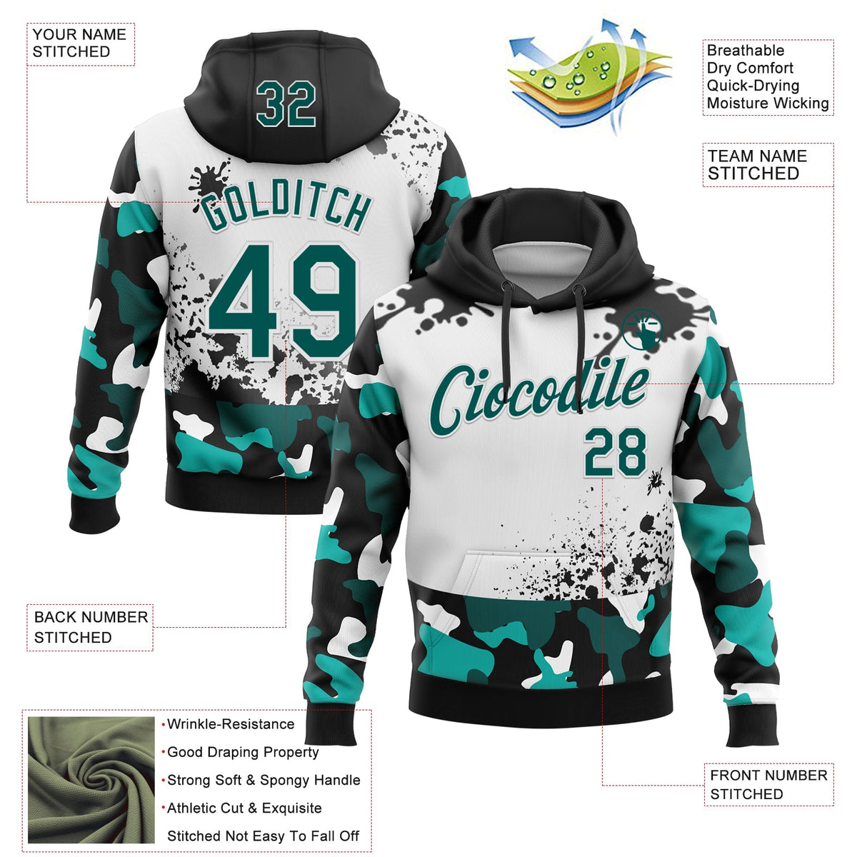 Custom Stitched Camo Midnight Green Black-White Paint Splatter Salute To Service Pullover Sweatshirt Hoodie