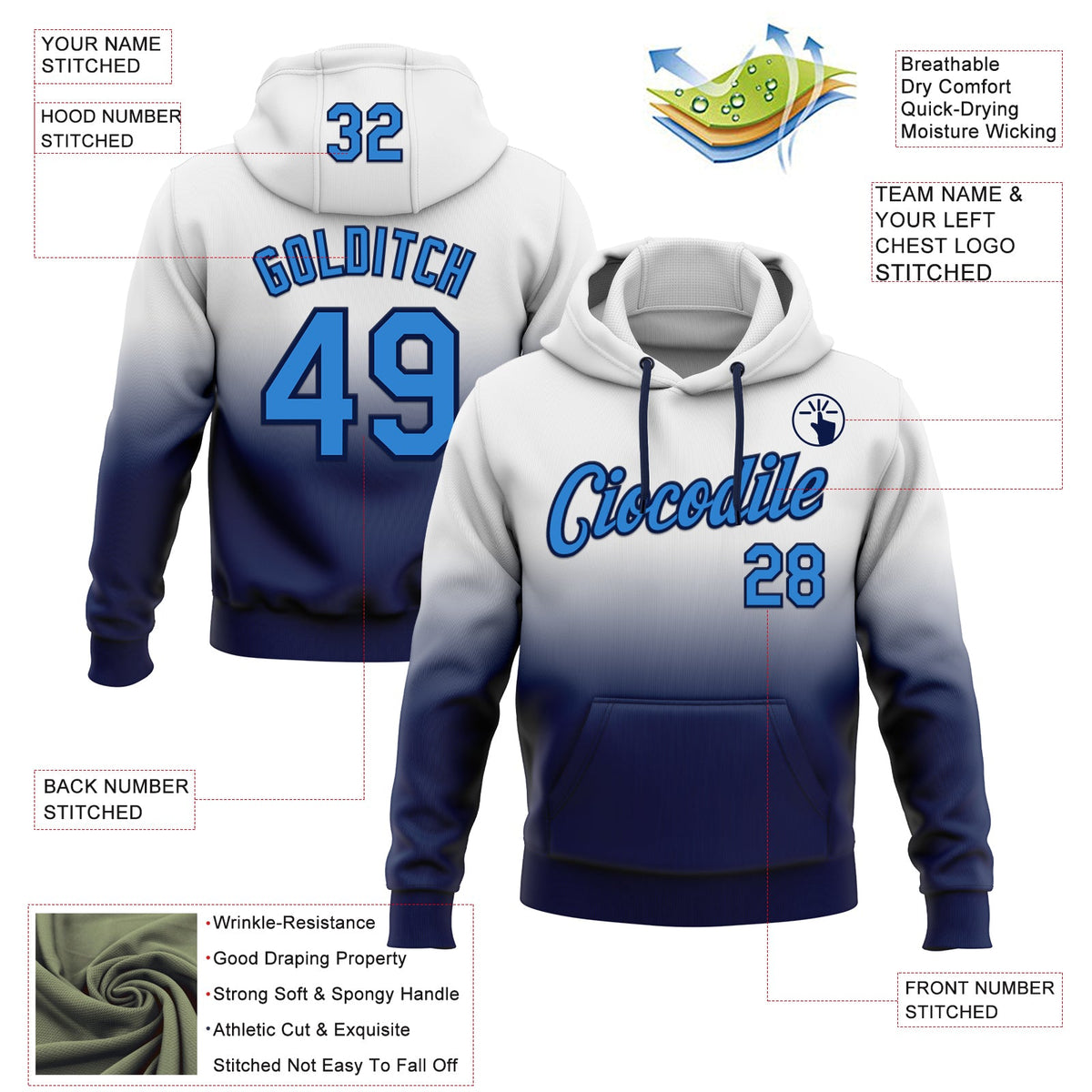 Custom Stitched White Powder Blue-Navy Fade Fashion Sports Pullover Sweatshirt Hoodie