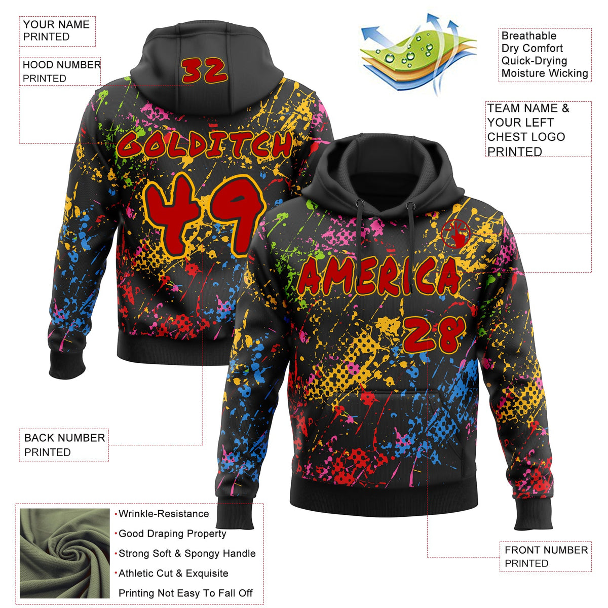Custom Graffiti Pattern Red Black-Gold Colorful Paint Splatter Halftone Dots Pullover Sweatshirt Hoodie