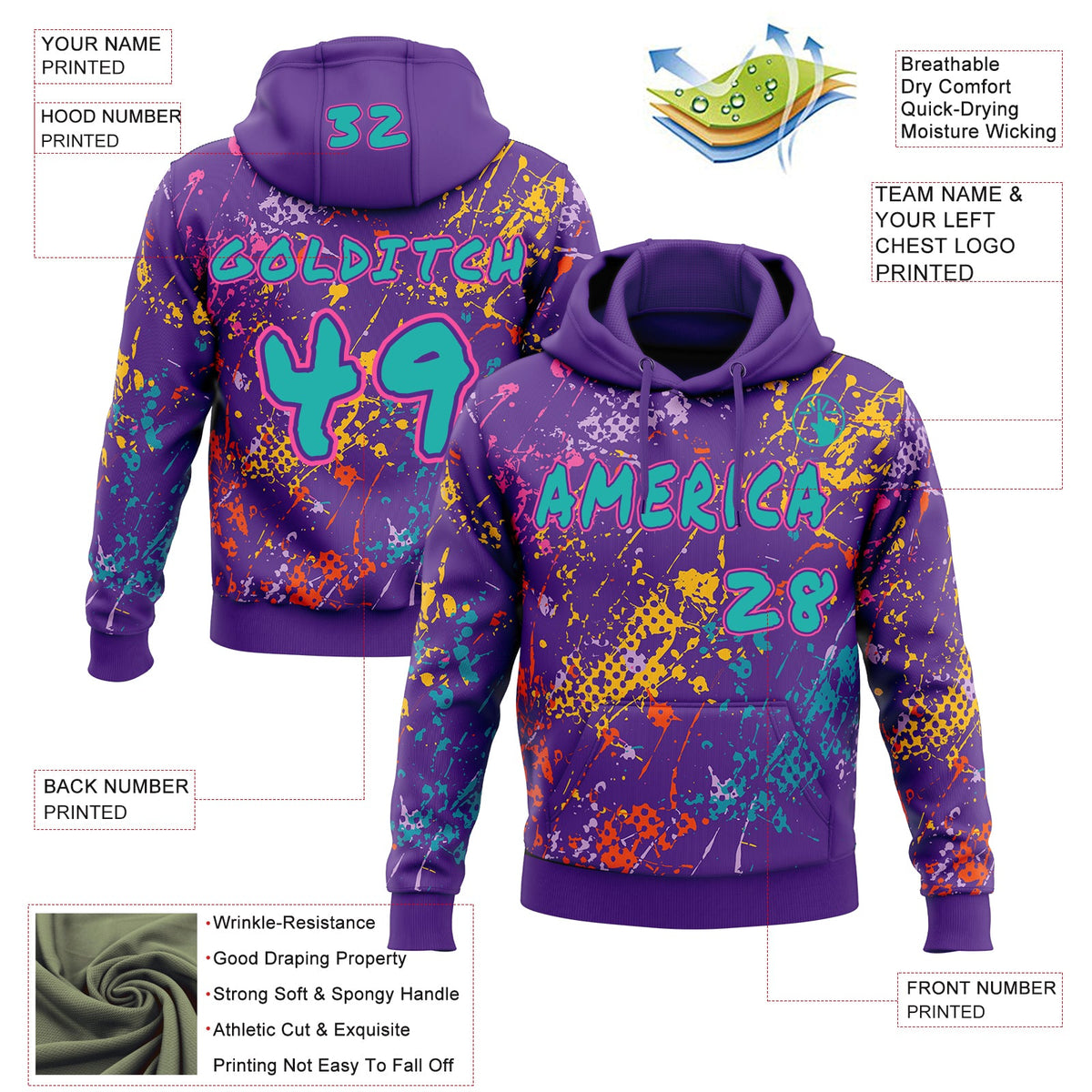 Custom Graffiti Pattern Teal Purple-Pink Colorful Paint Splatter Halftone Dots Pullover Sweatshirt Hoodie