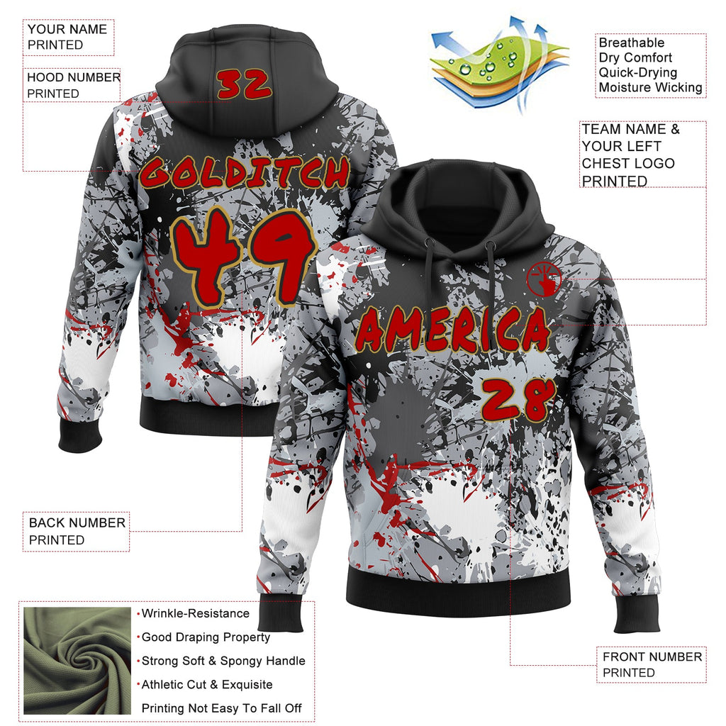 Custom Graffiti Pattern Red Black-Old Gold Paint Splatter Pullover Sweatshirt Hoodie