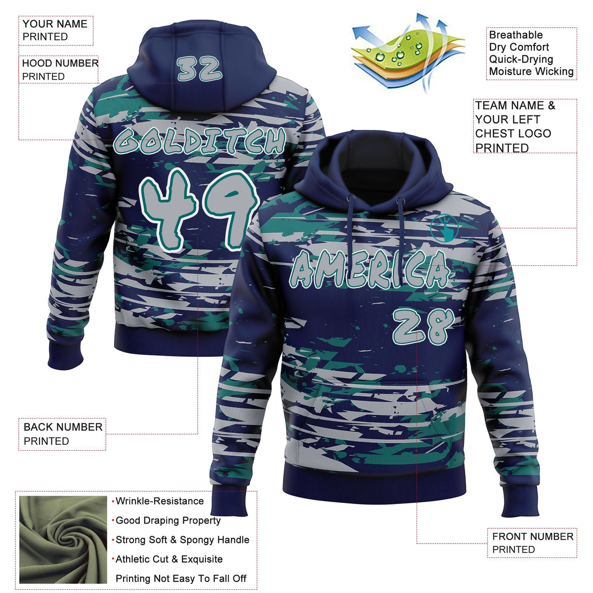 Custom Graffiti Pattern Gray Teal White-Navy Brush Strokes Paint Splatter Pullover Sweatshirt Hoodie